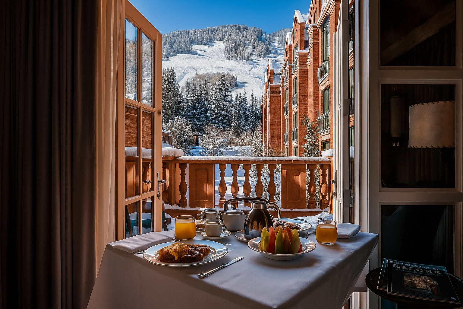 Private dining setup at Aspen vacation rental with snowy mountain views