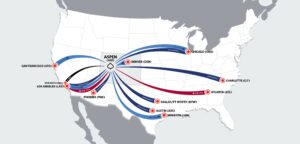 Map showing direct flights to Aspen, Colorado from major U.S. cities — expanded routes to Aspen/Pitkin County Airport (ASE).