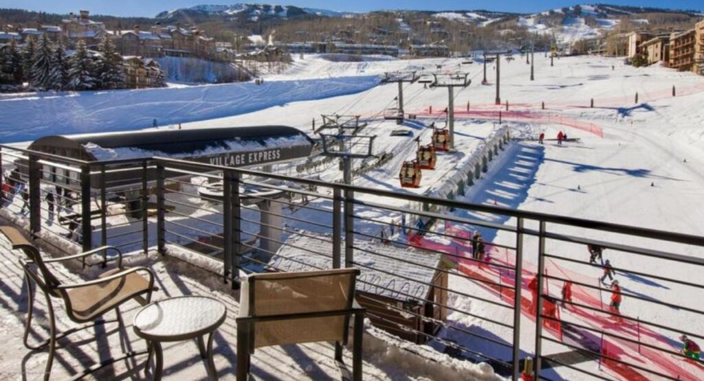 Balcony view from a penthouse at the base village residences near Elk Camp Gondola and ski slopes.