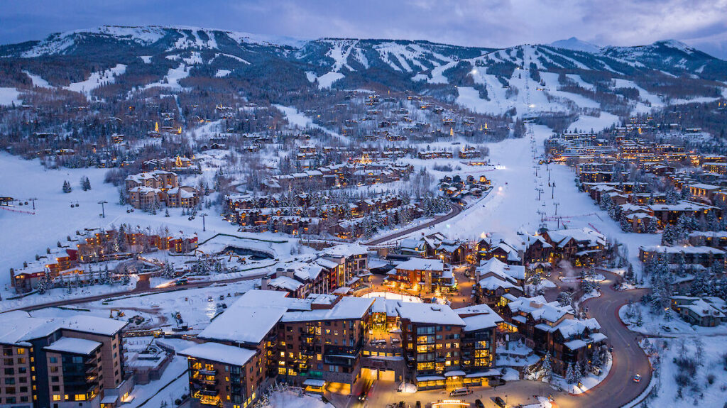 Snowmass Village during winter with the mountain in view